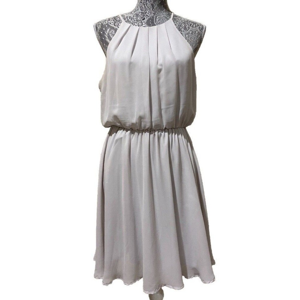 Lush Womens L Gray Chiffon Halter Mini Dress Pleated Blouson Party Cocktail Gown - Picture 12 of 16